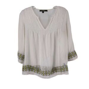 Embroidered Bohemian Top White Pleated 3/4 Sleeve Chiffon Sheer Small Lovestitch